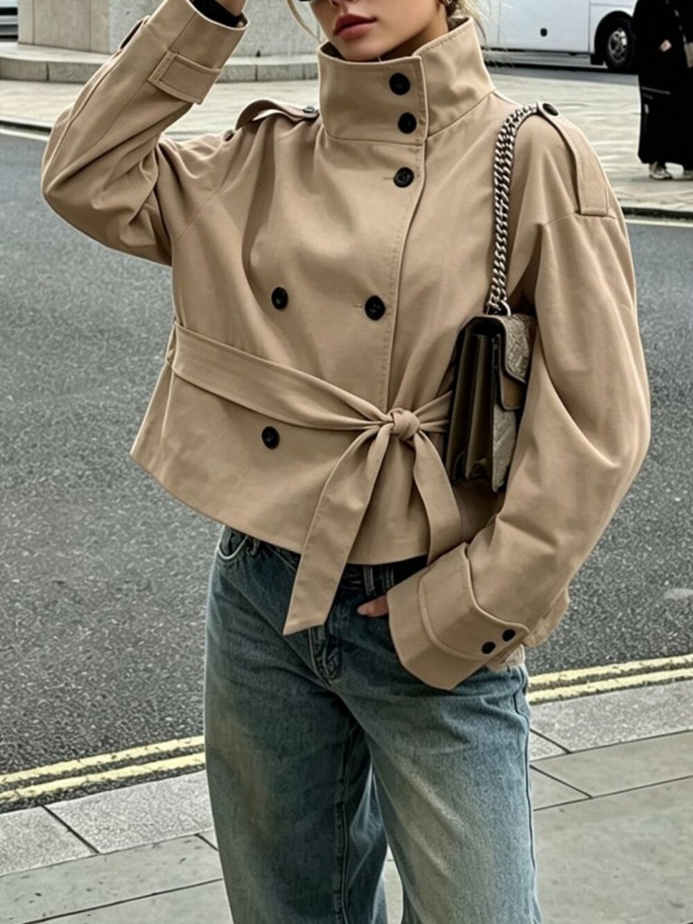 Khaki Elegant Women's Double Button Belted Short Trench Coat